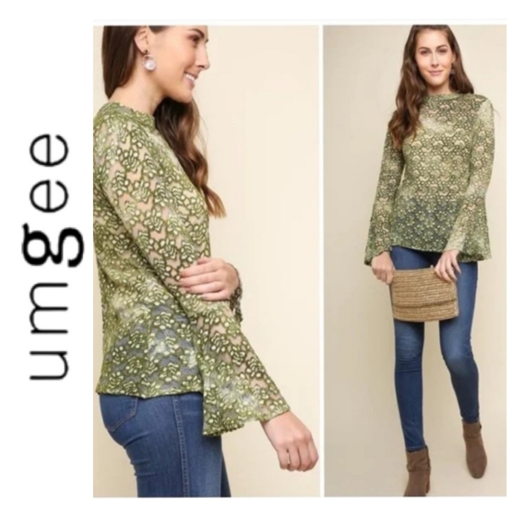 Umgee Green Bell Sleeve Top  Floral Mesh. Size S